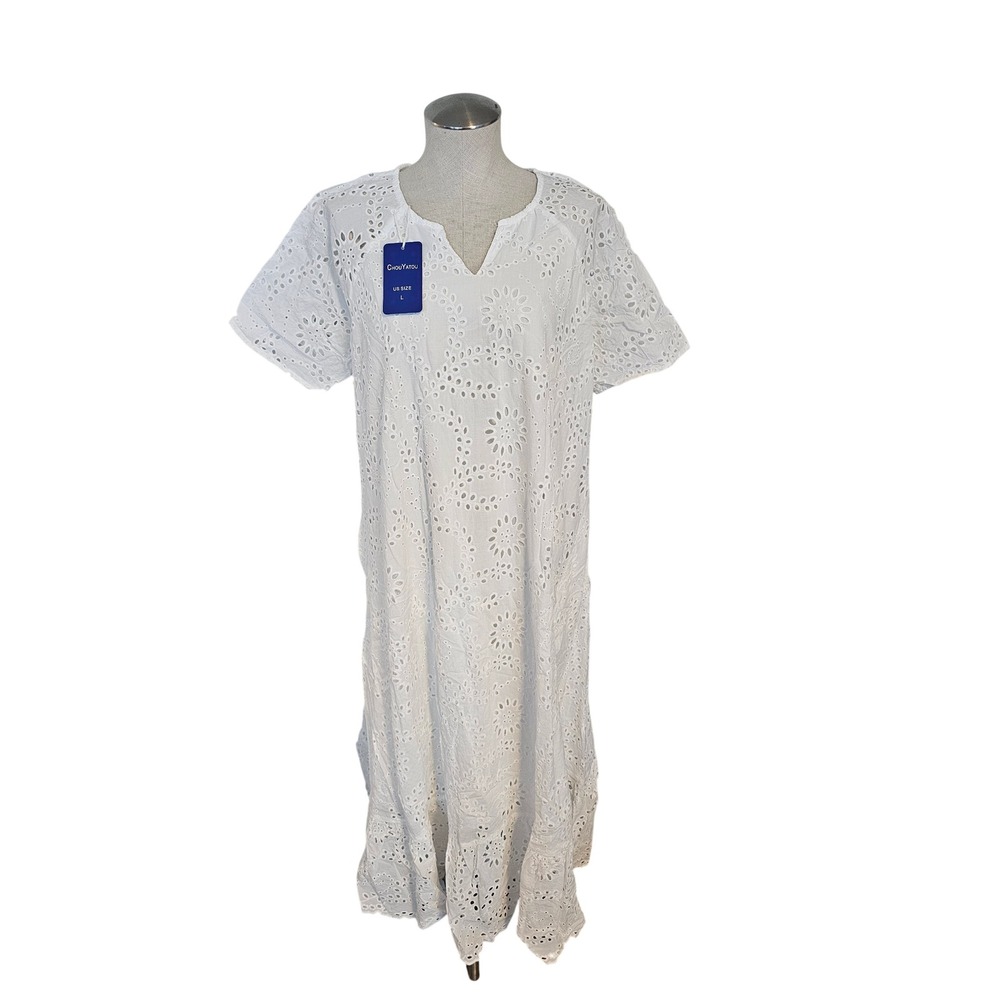 Chouyatou Women White Eyelet Cotton V-Neck Midi Dress Short Sleeve Large NEW